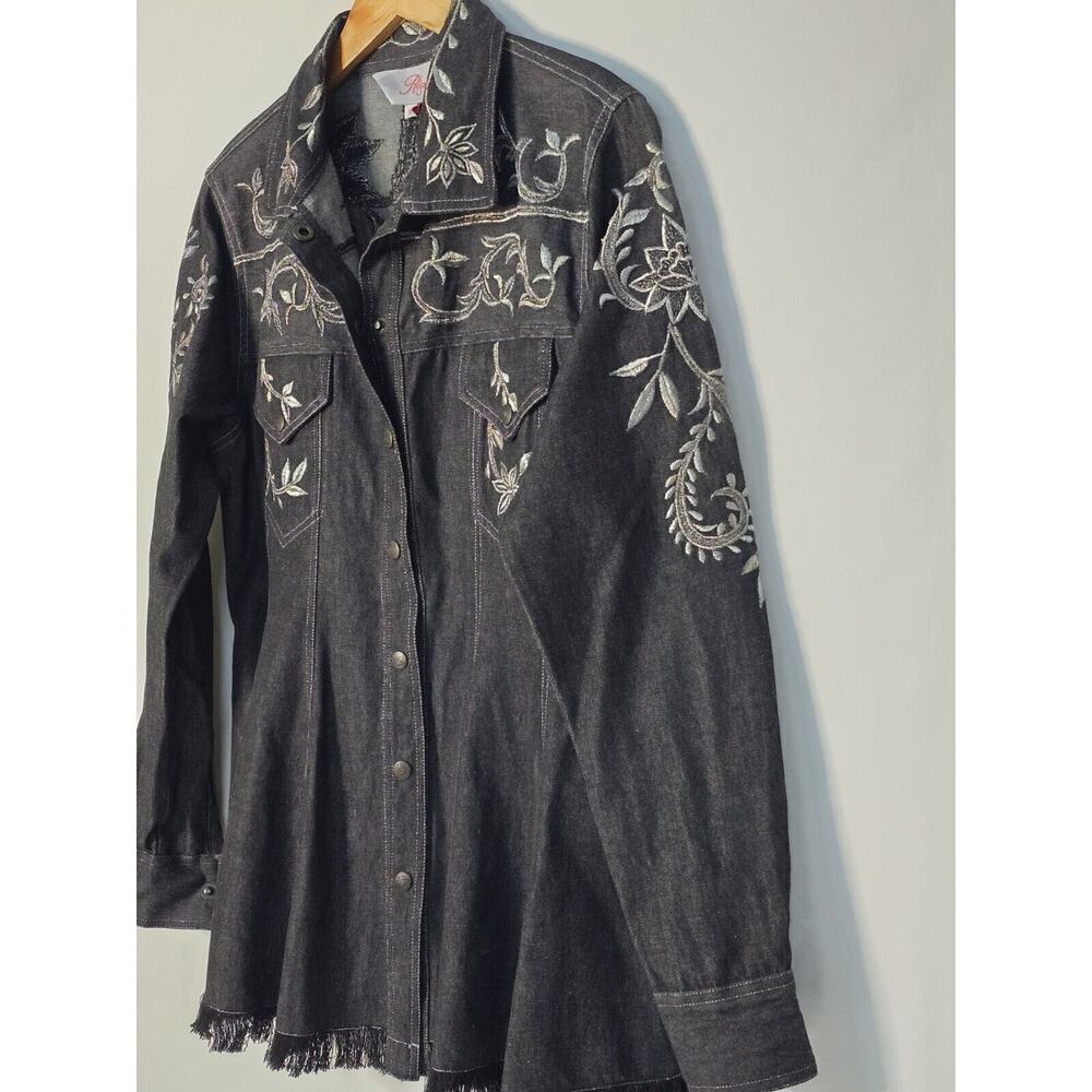 Roja Denim Western Embroidered Fringe Denim Tunic Top Shirt Button Front Medium - Picture 2 of 11